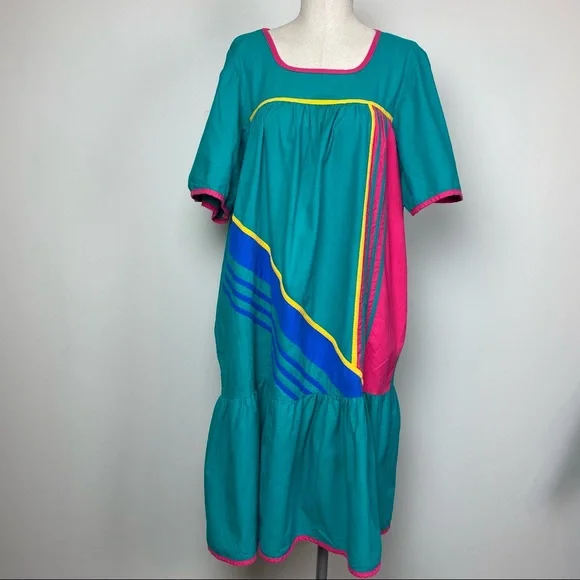 90s swing dress Haiem 90s Audio Tape Pattern Women's Short-Sleeve Scoop Neck Swing Dress